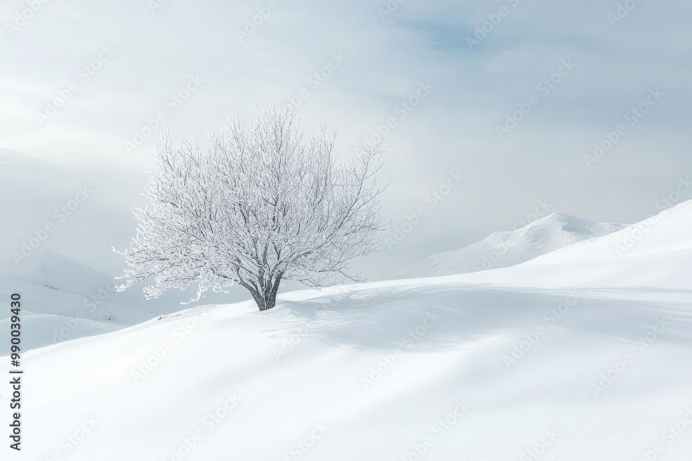 Solitary Frost-Covered Tree on a Snow-Covered Mountainside Solitary Frost-Covered Tree on a Snow-Covered Mountainside