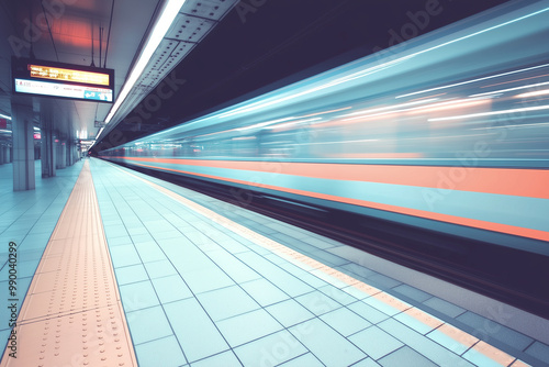 A train is passing through a station with a sign that says 