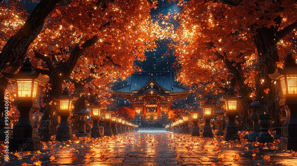 Naklejka premium Japanese Temple Pathway with Autumn Leaves and Lanterns at Night