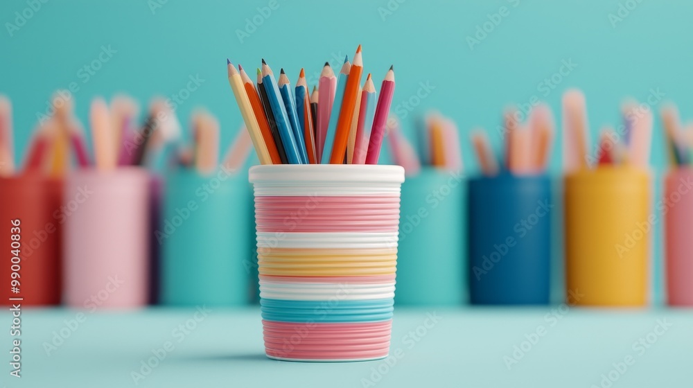 Fototapeta premium Colorful Pencils in Striped Cup with Blurred Background Representing Creativity and Organization