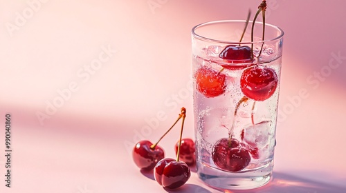 A refreshing glass of water with fresh cherries on a pink background.