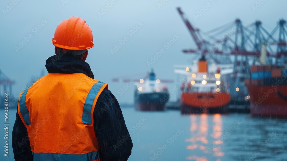 Worker Overlooking Industrial Port with Cargo Ships and Cranes - Environment Social Governance (ESG) Concept Worker Overlooking Industrial Port with Cargo Ships and Cranes - Environment Social Governance (ESG) Concept