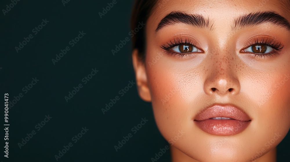 Obraz premium Beautiful Thai woman with luminous skin, relaxed expression, dark backdrop, soft glow around her face, influenced by Korean beauty shots for skincare ad, Isolate dark background. 