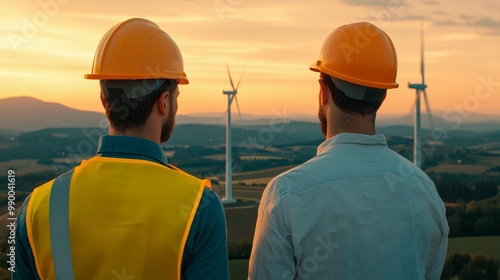 Engineers Overseeing Wind Turbines at Sunset, Embracing Environment Social Governance (ESG) Principles for Sustainable Energy Solutions