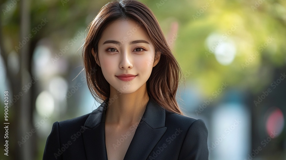 empowered asian woman in business suit, standing outdoors with a business center in the background, representing success and career growth empowered asian woman in business suit, standing outdoors with a business center in the background, representing success and career growth