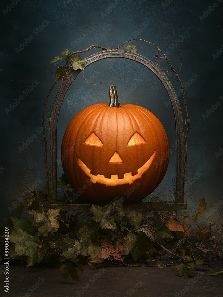 Naklejka premium A glowing jack-o'-lantern with a mischievous grin sits inside a rustic metal frame, surrounded by autumn leaves, creating a spooky and festive Halloween atmosphere.