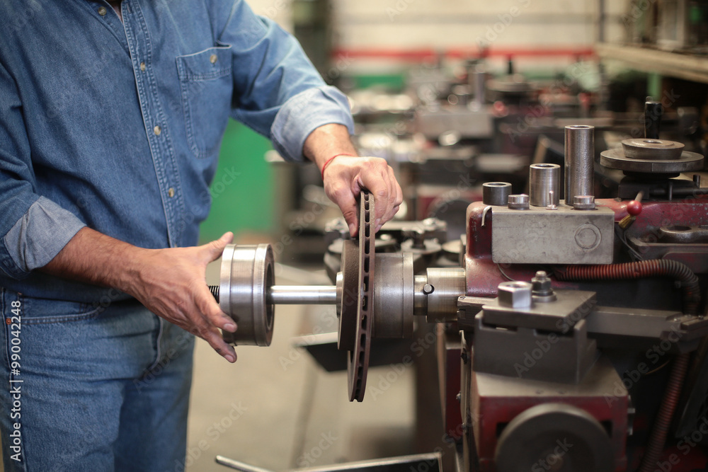 Mechanic mounts brake disc on grinding lathe Mechanic mounts brake disc on grinding lathe