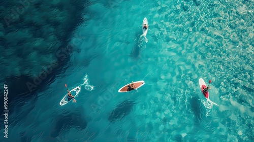 Depict people engaging in water sports like paddleboarding or jet skiing in the clear waters.  photo