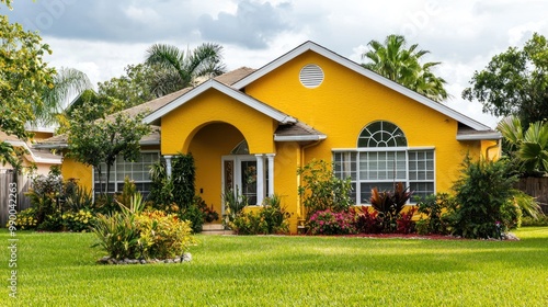 Fototapeta Naklejka Na Ścianę i Meble -  Yellow house with a freshly painted exterior, highlighting a well-maintained and attractive property.