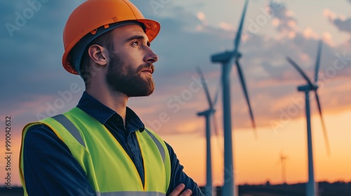 Engineer Overseeing Wind Turbines at Sunset, Representing Environment Social Governance (ESG) in Renewable Energy Sector