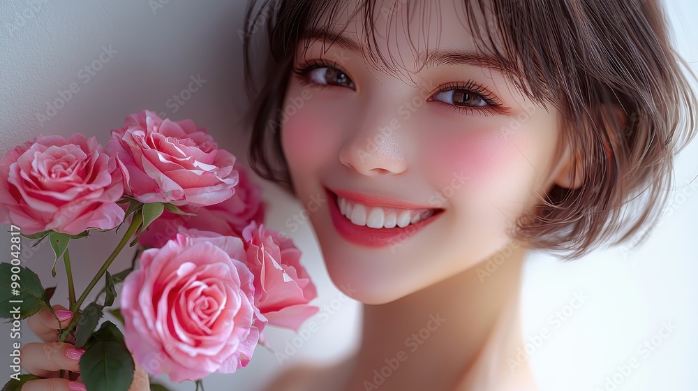 Beautiful Woman with Pink Roses Smiling Beautiful Woman with Pink Roses Smiling