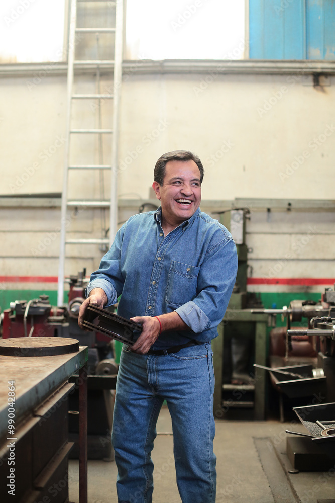Smiling mechanic loads brake discs for delivery Smiling mechanic loads brake discs for delivery