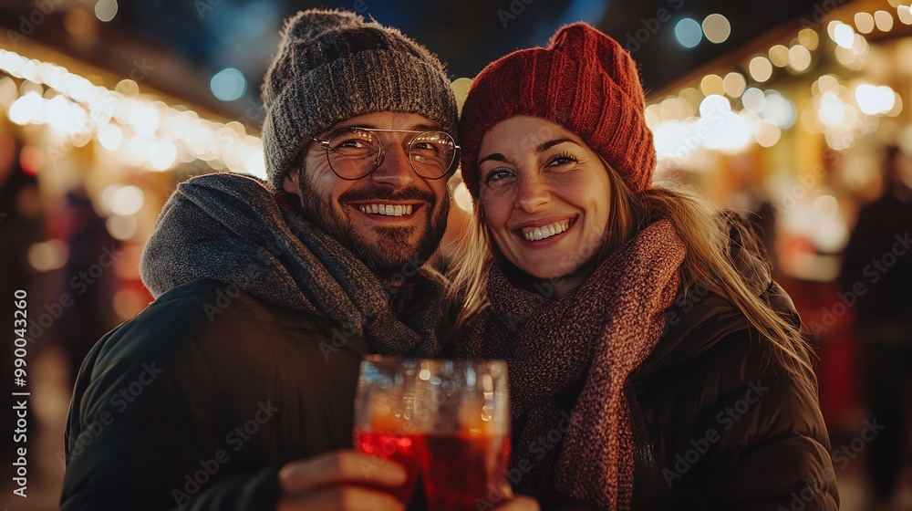 man and woman couple enjoying festive glühwein at a christmas market during winter night, cozy and romantic atmosphere with holiday lights and celebration, warmth of the holiday season outdoors man and woman couple enjoying festive glühwein at a christmas market during winter night, cozy and romantic atmosphere with holiday lights and celebration, warmth of the holiday season outdoors