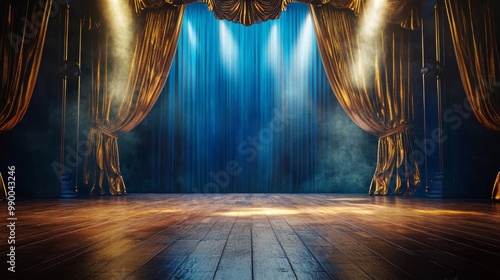 A classic opera house stage with a glossy wooden floor and heavy curtains in a deep royal blue, The spotlight is warm and golden photo