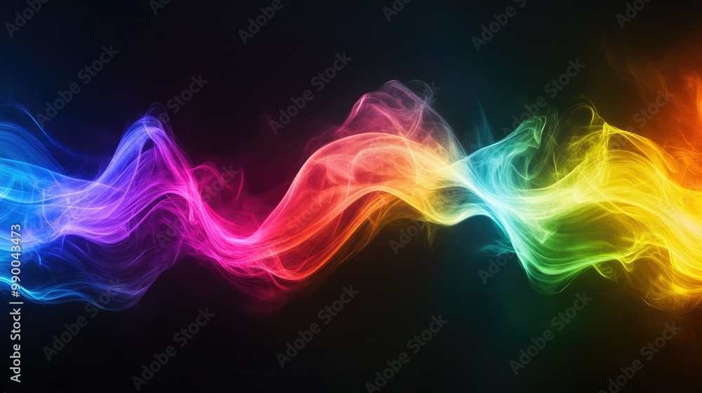 Obraz premium Abstract rainbow light energy flowing across a dark backdrop, forming a dynamic, colorful visual.