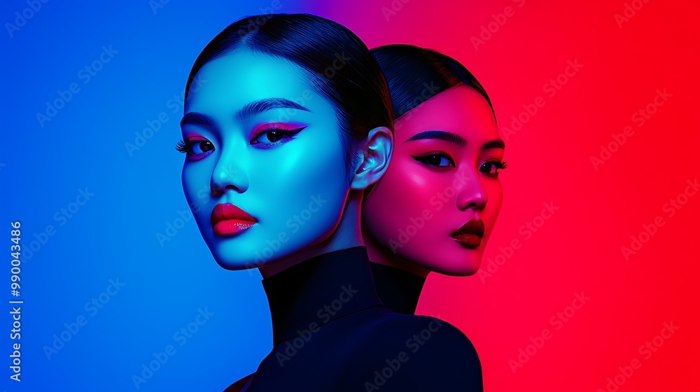 A billboard design featuring a Thai woman with flawless, luminous skin in the foreground, with a dark, artistic image of a Korean woman behind, ideal for skincare and beauty brands A billboard design featuring a Thai woman with flawless, luminous skin in the foreground, with a dark, artistic image of a Korean woman behind, ideal for skincare and beauty brands