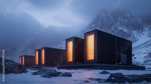 Sustainable Modern Data Centers in Snowy Mountain Landscape Highlighting Environment Social Governance (ESG) Concept