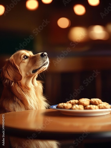 A golden retriever sits patiently at a cafe table, gazing up expectantly as a plate of cookies sits temptingly in front of him. This image captures the adorable nature of dogs and their love for treat photo