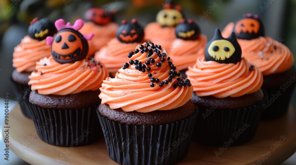 Halloween cupcakes decorated with icings and fondant figures sitting on a white table Halloween cupcakes decorated with icings and fondant figures sitting on a white table