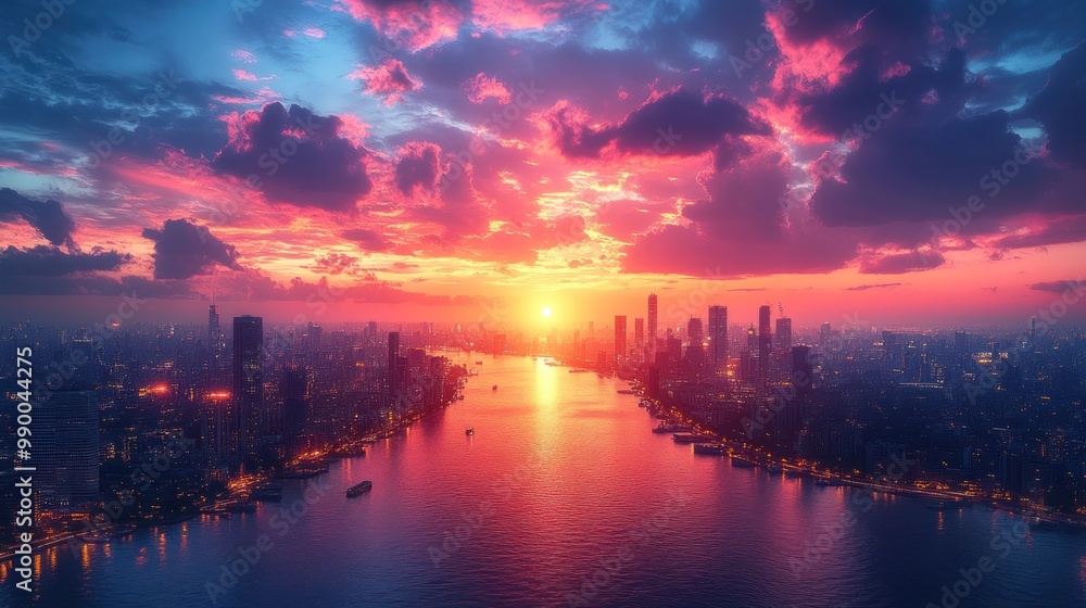 Sunset over a city skyline reflecting on a river. Sunset over a city skyline reflecting on a river.
