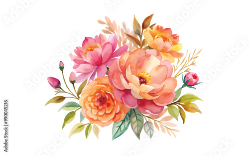 Watercolor Pink orange floral bouquet White Background - Clipart
