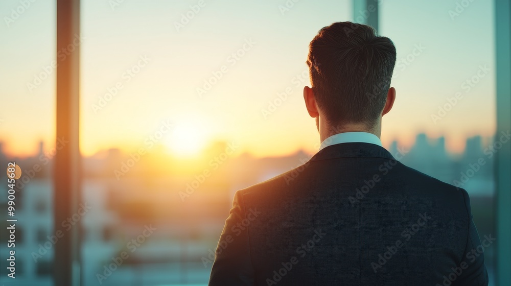 Businessman Observing Sunrise from Office Window Representing Environment Social Governance (ESG) Concept Businessman Observing Sunrise from Office Window Representing Environment Social Governance (ESG) Concept