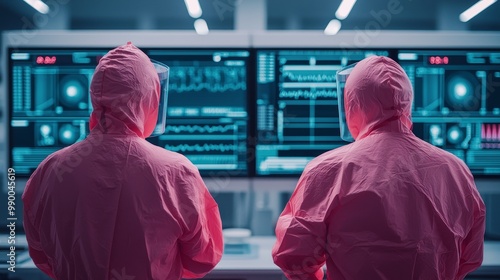 Scientists in Protective Gear Analyzing Data on Multiple Screens in a High-Tech Laboratory for ESG Research