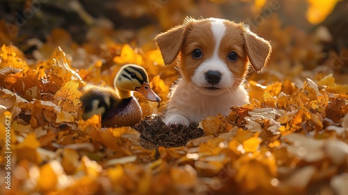 Fototapeta Naklejka Na Ścianę i Meble -  Cute Puppy and Duckling in Autumn Leaves