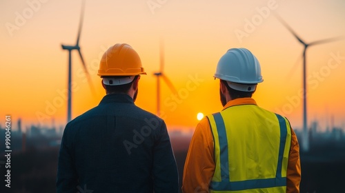 Engineers Overseeing Wind Turbines at Sunset - Environmental Social Governance (ESG) Concept