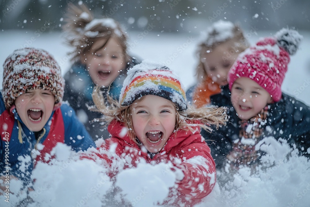 Four Children Having Fun Playing in the Snow Four Children Having Fun Playing in the Snow