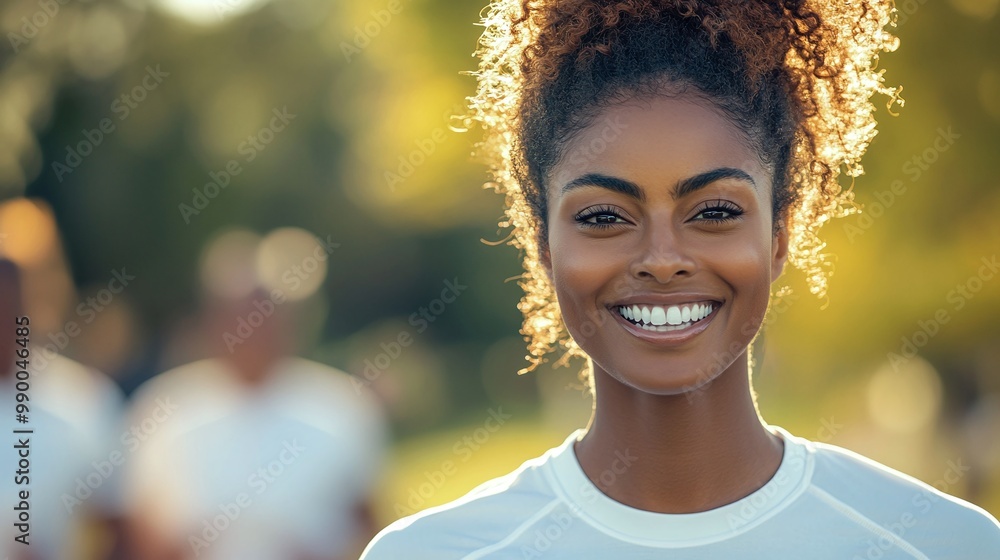 smiling woman in white shirt standing at the starting line of a run on a sunny day, enjoying outdoor sports and fitness, healthy and happy lifestyle with joyful energy in a fun running event