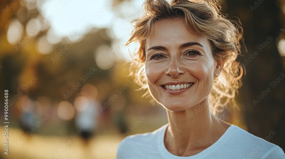 smiling woman in white shirt standing at the starting line of a run on a sunny day, enjoying outdoor sports and fitness, healthy and happy lifestyle with joyful energy in a fun running event smiling woman in white shirt standing at the starting line of a run on a sunny day, enjoying outdoor sports and fitness, healthy and happy lifestyle with joyful energy in a fun running event