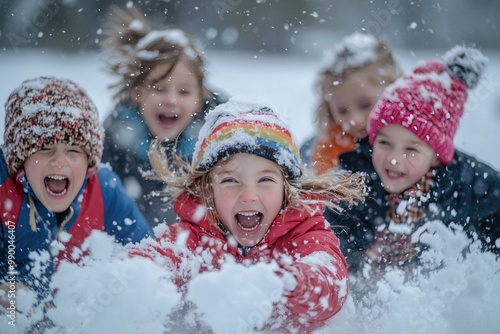 Four Children Having Fun Playing in the Snow