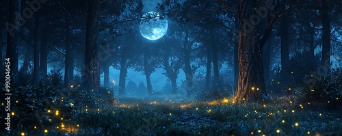 Miniature fireflies illuminate a haunting forest under a blue moon. photo