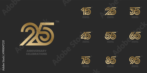 Set of anniversary logo design. Symbols of celebration 15, 25, 35, 45, 55, 65, 75, 85, 95 years.