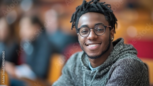 portrait of a young afro american student sitting in a college lecture hall, happy and smiling, focused on learning and education, university student achieving academic success in a classroom