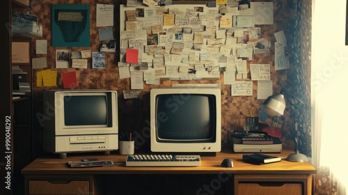 An eclectic bulletin board full of notes and photos hangs above a retro desk with an old computer.