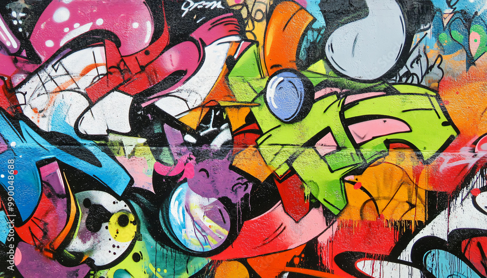 Fototapeta premium A graffiti-covered urban wall, showcasing vibrant colors, bold lines, and an edgy, artistic vibe