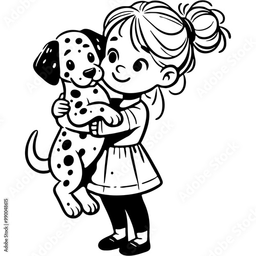 Girl owner lifted her pet Dalmatian into her arms in monochrome. Simple minimalistic vector in black ink drawing on transparent background