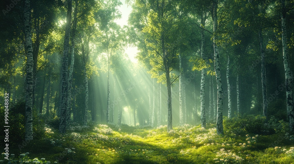 Fototapeta premium Lush forest with sunlight filtering through trees and flowers.