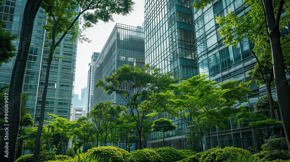 Fototapeta premium A cityscape featuring an office building with a landscaped park of fresh trees at its base. 