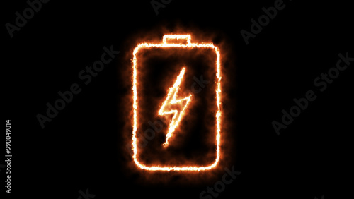 Fire battery charging with a power bolt icon. Fire color neon lightning bolt, glowing sign. Abstract neon bolt icon on black background