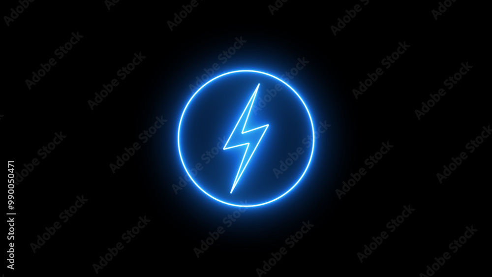 Blue neon lightning bolt, glowing sign. Neon battery charging power symbol, lightning bolt sign in the circle Blue neon lightning bolt, glowing sign. Neon battery charging power symbol, lightning bolt sign in the circle