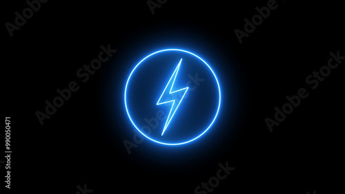 Blue neon lightning bolt, glowing sign. Neon battery charging power symbol, lightning bolt sign in the circle