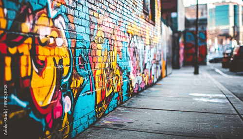 A graffiti-covered urban wall, showcasing vibrant colors, bold lines, and an edgy, artistic vibe