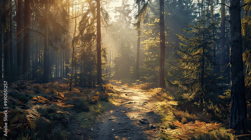 A serene path winding through a sunlit spruce tree forest, dappled light illuminating the foliage. A serene path winding through a sunlit spruce tree forest, dappled light illuminating the foliage.