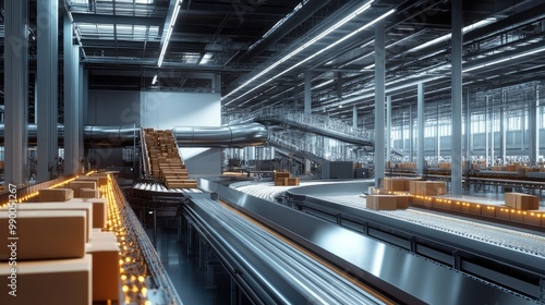 Automated conveyor belts carrying packages through different sorting stations in a high-tech warehouse.