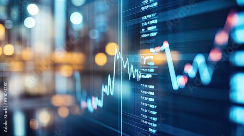 Close-up of digital screen showing financial news ticker with stock market charts. Federal Reserve, interest rate,up, down, interest rate hike,trade war, Market volatility, AI-generated