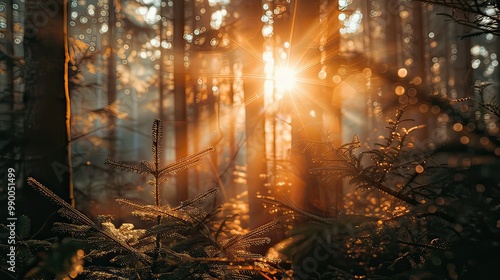 Close-up of sunbeams shining through the branches of a dense spruce tree forest. 
