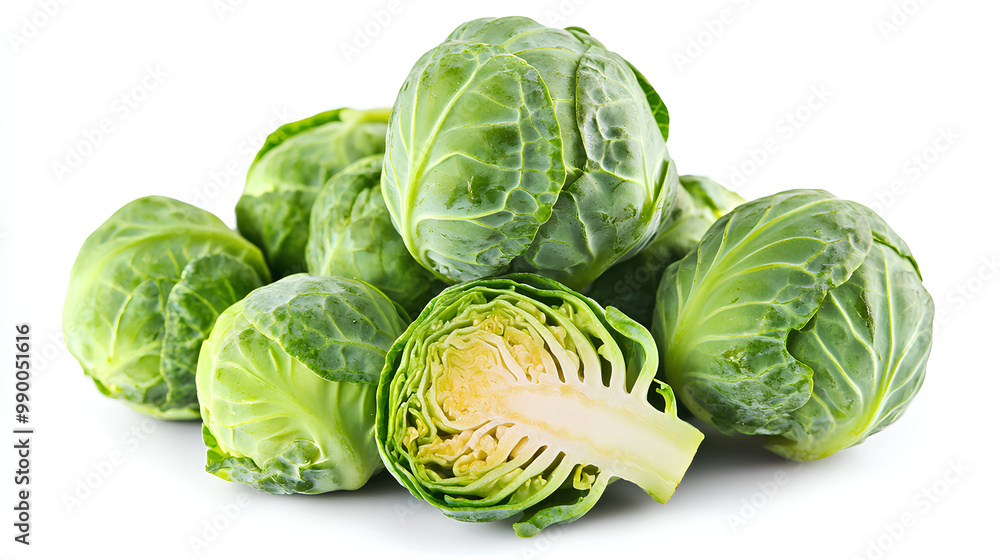 Fototapeta premium Fresh Brussels sprouts, halved to display the inner layers, isolated on a white background.